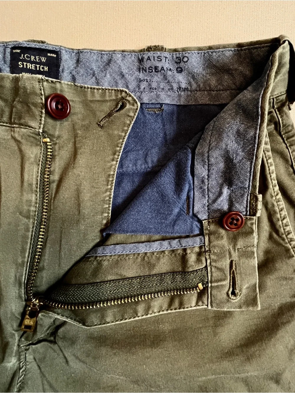 J. Crew Olive Green Stretch Chino Shorts Men's 30